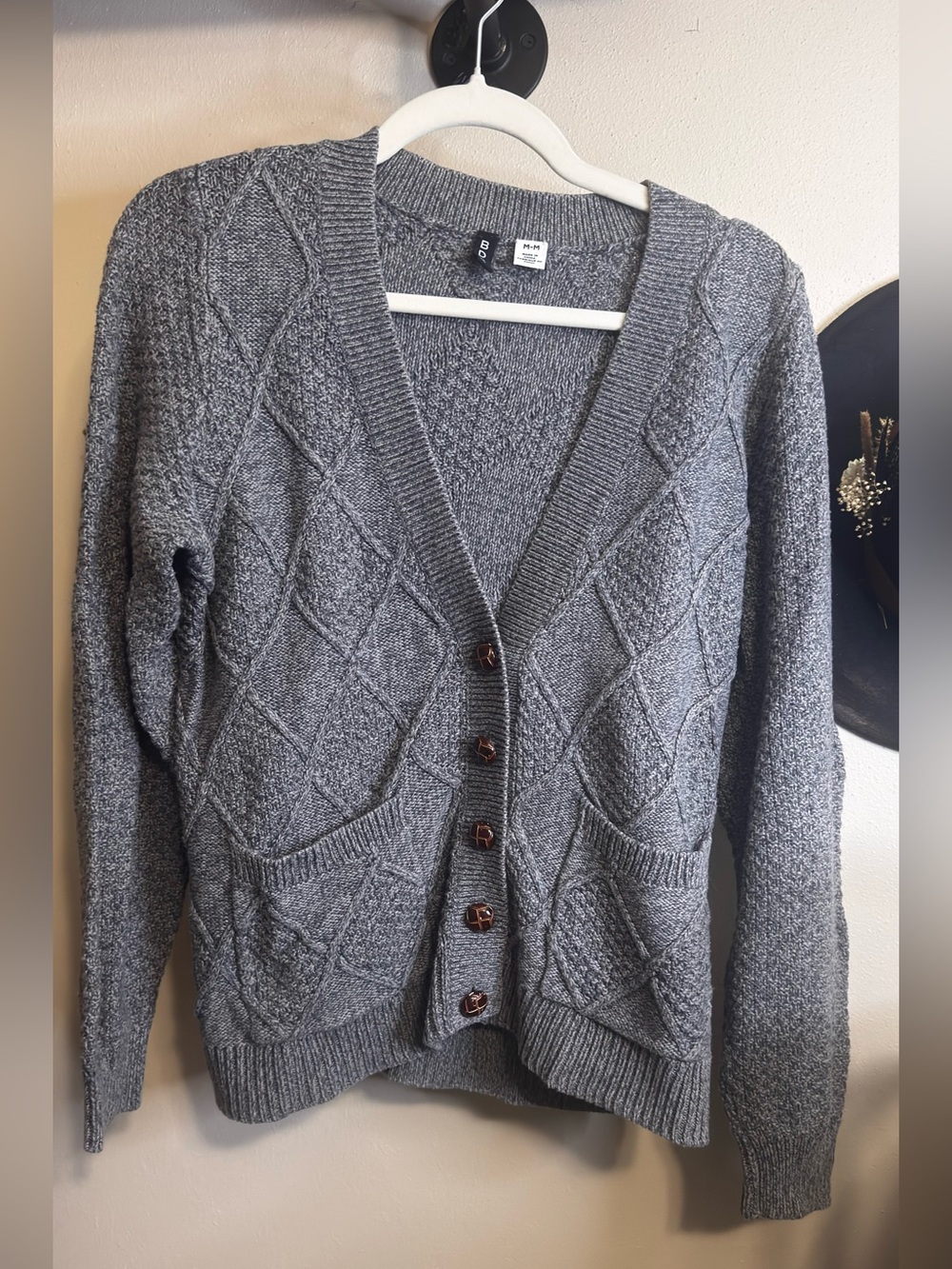 BDG Gray Diamond Cable Knit Button-Up Cardigan